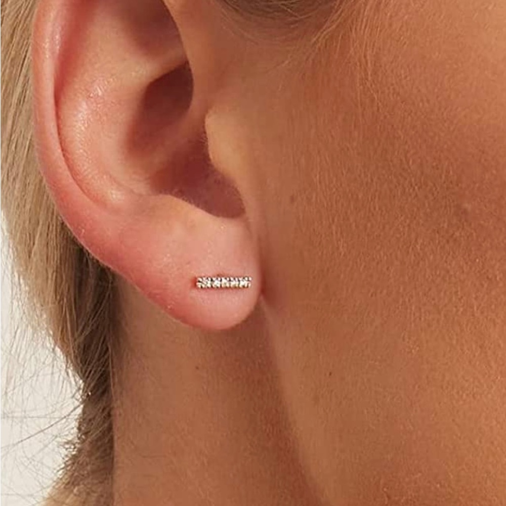 BOGO 14K Gold CZ Small Bar Stud Earrings Baby Child Teen Adult High Quality